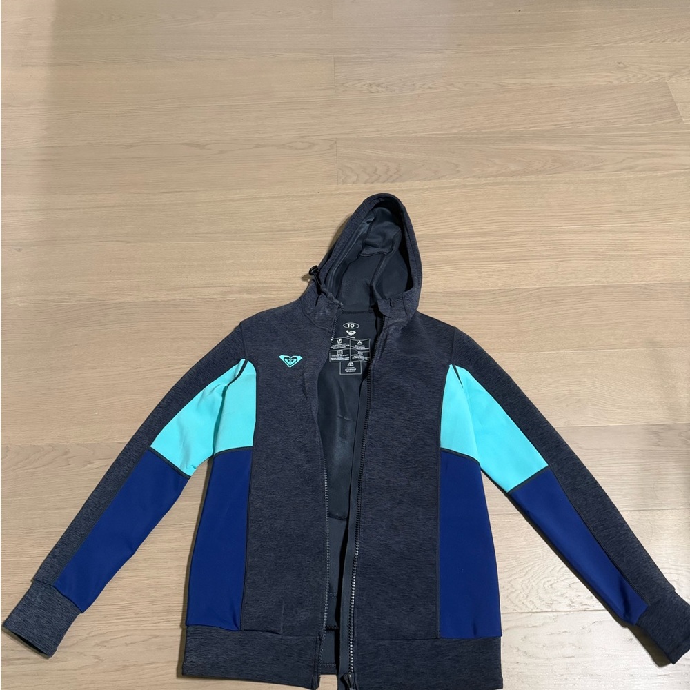 Roxy Charcoal and Aqua Zip-Up Hoodie and Pants. Size 10 Jacket, Size 8 Pant